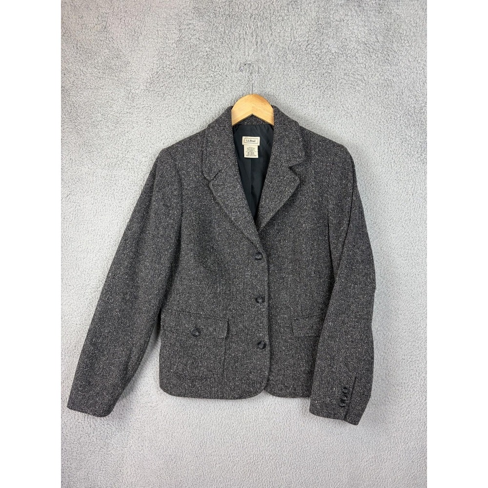 L.L. Bean Blazer Women Medium Gray Herringbone Wool Blend 3 Button Jacket Office
